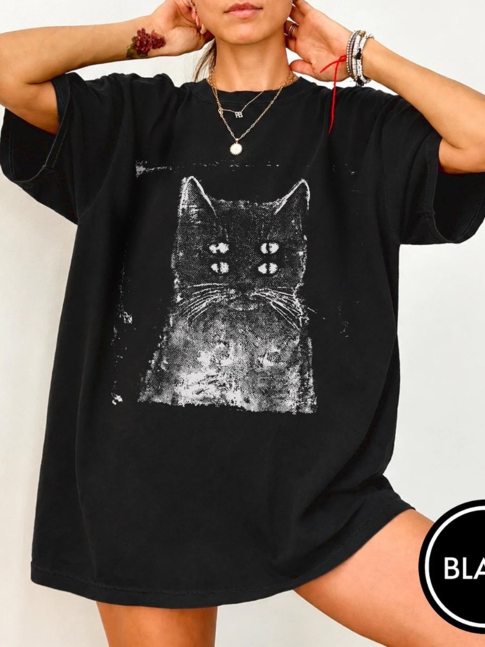 Black Short Sleeve Tee with White Distressed Cat Graphic